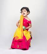 Pink Printed Kanchipuram Silk Kids Pavadai Set