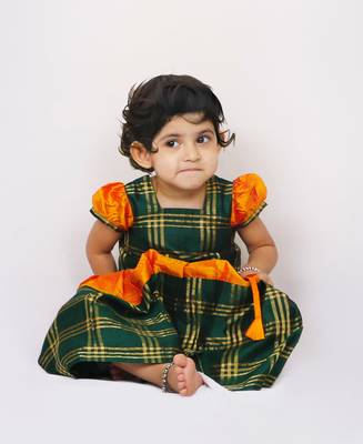 Green Printed Raw Dupion Silk Kids Pavadai Set 2