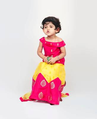 Pink Printed Kanchipuram Silk Kids Pavadai Set 2