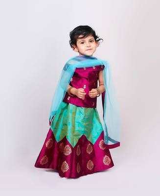 Pink Printed Kanchipuram Silk Kids Pavadai Set 1