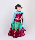 Pink Printed Kanchipuram Silk Kids Pavadai Set