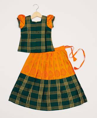 Green Printed Raw Dupion Silk Kids Pavadai Set 3