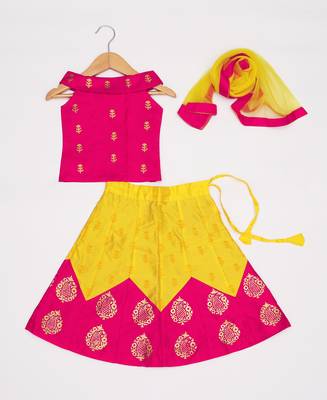 Pink Printed Kanchipuram Silk Kids Pavadai Set 3