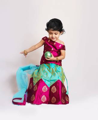 Pink Printed Kanchipuram Silk Kids Pavadai Set 2