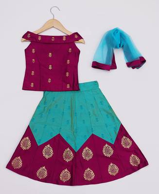 Pink Printed Kanchipuram Silk Kids Pavadai Set 3