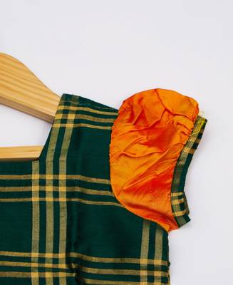 Green Printed Raw Dupion Silk Kids Pavadai Set 5