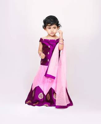 Purple Printed Kanchipuram Silk Kids Pavadai Set 1