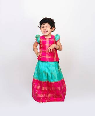 Pink Printed Raw Dupion Silk Kids Pavadai Set 1
