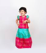 Pink Printed Raw Dupion Silk Kids Pavadai Set