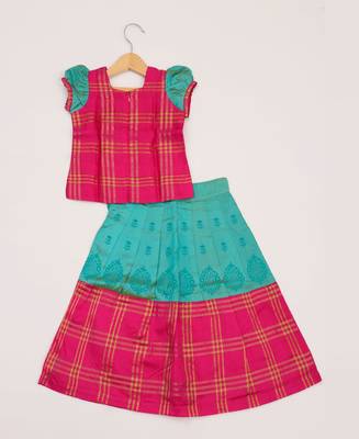 Pink Printed Raw Dupion Silk Kids Pavadai Set 2