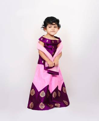 Purple Printed Kanchipuram Silk Kids Pavadai Set 3