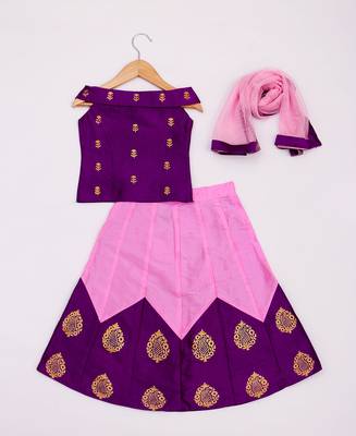 Purple Printed Kanchipuram Silk Kids Pavadai Set 4