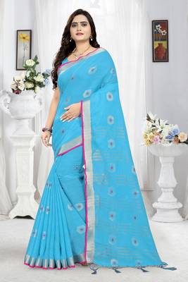 Blue Printed Linen Saree With Blouse 1