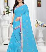 Blue Printed Linen Saree With Blouse