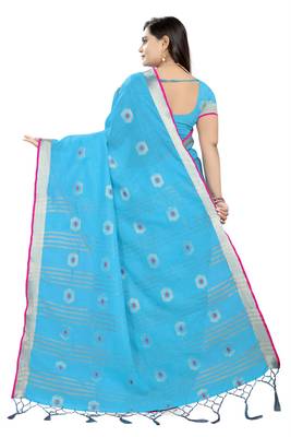 Blue Printed Linen Saree With Blouse 4