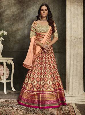 Cream Embroidered Silk Semi Stitched Lehenga 1