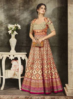 Cream Embroidered Silk Semi Stitched Lehenga 2