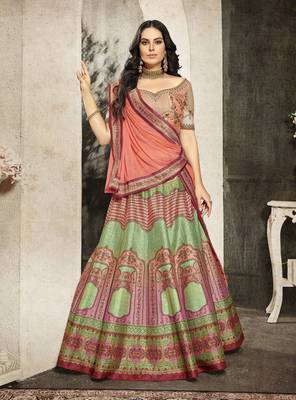 Green Embroidered Silk Semi Stitched Lehenga 1