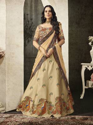 Beige Embroidered Silk Semi Stitched Lehenga 1