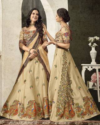 Beige Embroidered Silk Semi Stitched Lehenga 3