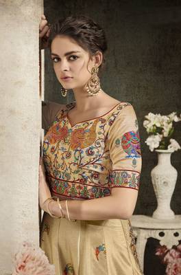 Beige Embroidered Silk Semi Stitched Lehenga 4