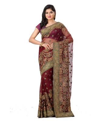 Maroon Embroidered Super_Net Saree With Blouse 3