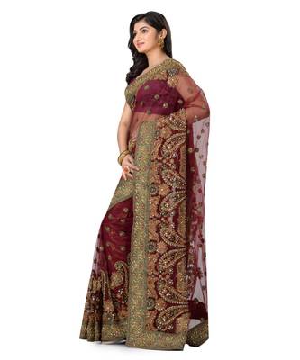 Maroon Embroidered Super_Net Saree With Blouse 1