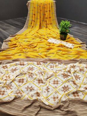 Yellow printed georgette saree with blouse 1