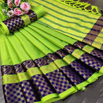 Green woven cotton silk saree with blouse 1