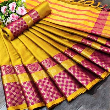 Mustard woven cotton silk saree with blouse 1