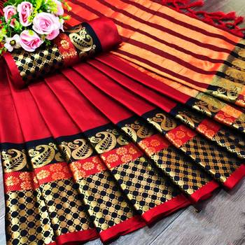 Red woven cotton silk saree with blouse 1