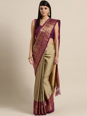 Beige woven cotton silk saree with blouse 1
