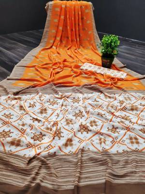 Orange printed georgette saree with blouse 1