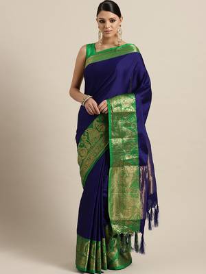 Blue woven kanchipuram silk saree with blouse 1