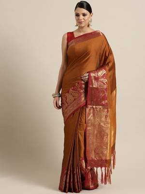 Orange woven kanchipuram silk saree with blouse 1