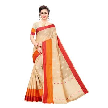 Beige woven cotton silk saree with blouse 1