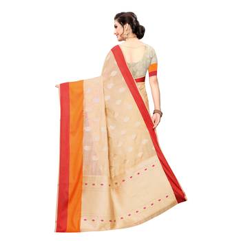 Beige woven cotton silk saree with blouse 4
