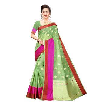 Green woven cotton silk saree with blouse 1