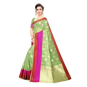 Green woven cotton silk saree with blouse 2
