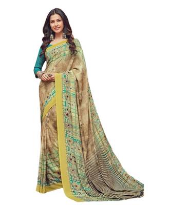Women's Beige & Green Crepe Printed Saree With Blouse Piece 1
