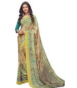 Women's Beige & Green Crepe Printed Saree With Blouse Piece