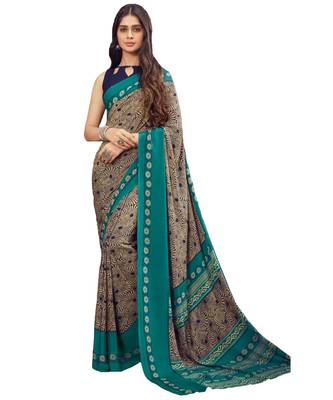 Women's Turquoise & Beige Crepe Printed Saree With Blouse Piece 1