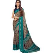 Women's Turquoise & Beige Crepe Printed Saree With Blouse Piece