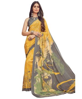Women's Yellow & Grey Crepe Printed Saree With Blouse Piece 1