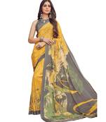 Women's Yellow & Grey Crepe Printed Saree With Blouse Piece