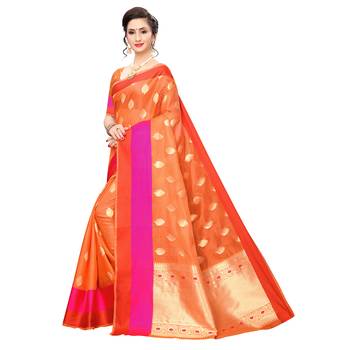Orange woven cotton silk saree with blouse 2
