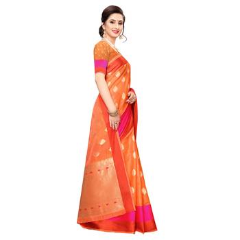 Orange woven cotton silk saree with blouse 3