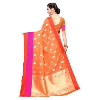 Orange woven cotton silk saree with blouse 4