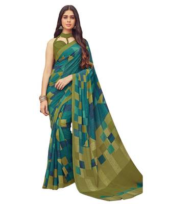 Women's Green & Mehendi Crepe Printed Saree With Blouse Piece 1