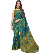 Women's Green & Mehendi Crepe Printed Saree With Blouse Piece